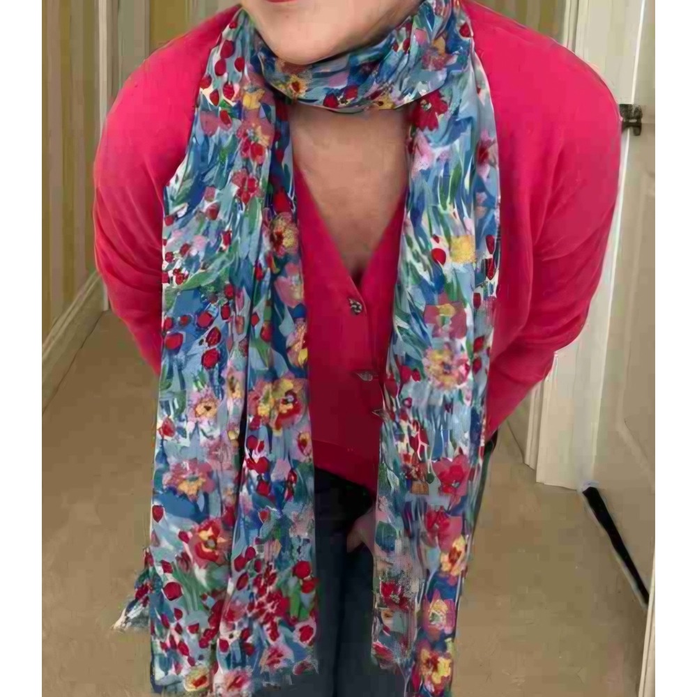 J Mclaughlin Reed Scarf NEW $98 100% Wool Aqua/lt orange/caprice floral